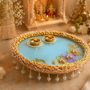 8 inch Sky Blue Pooja Thali With Latkan